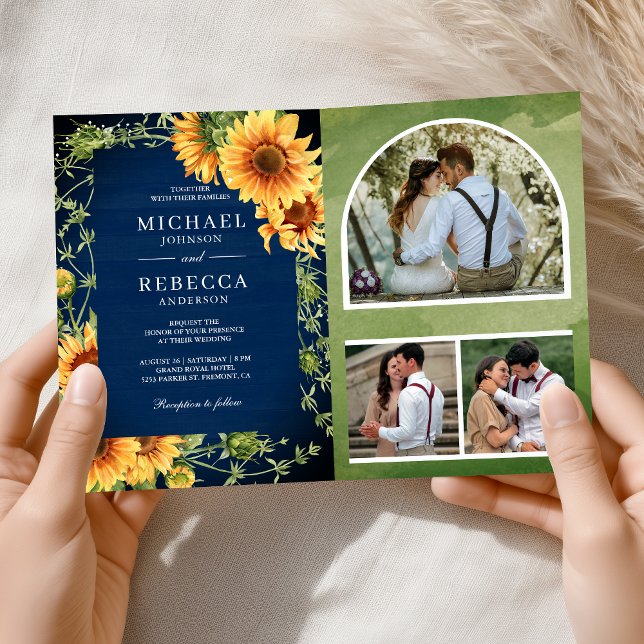 Navy Holz Sonnenblumen Foto Arch QR Code Hochzeit Einladung (Von Creator hochgeladen)