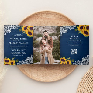 Navy Holz Spitze Sonnenblume Foto QR Code Hochzeit Dreifach Gefaltete Einladung