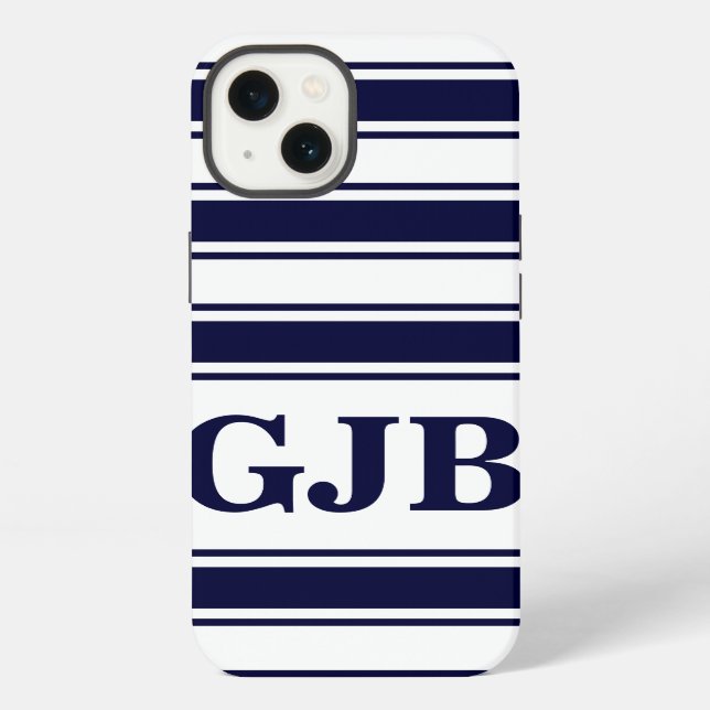 Navy horizontale Streifen mit Monogramm iPhone Hülle (Rückseite)