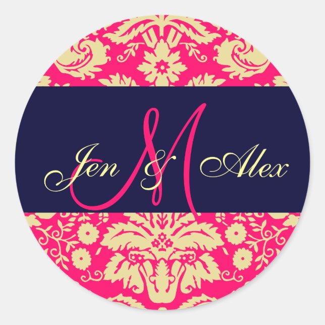 Navy & Hot Pink Monogram Damask Wedding Siegel Runder Aufkleber (Vorderseite)