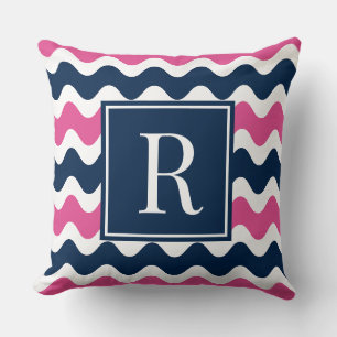 Navy & Hot Pink Preppy Ric Rac Streifen Monogramm Kissen