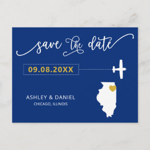 Navy Illinois Wedding Save the Date Map Postcard Postkarte