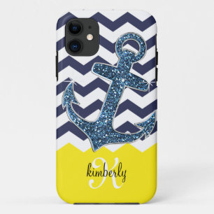 Navy Imitat Glitzer Anchor Zickzack Personalisiert iPhone 11 Hülle