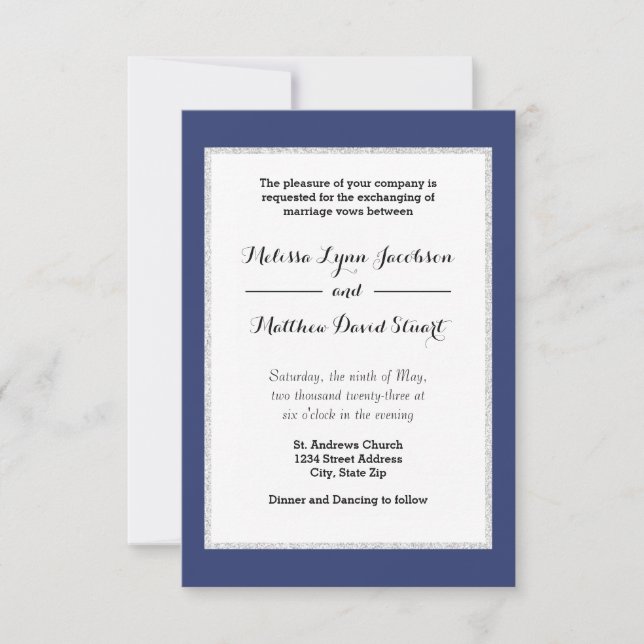 Navy & Imitats Glitzer Gerahmt - Einladung 3x5Wedd (Vorderseite)