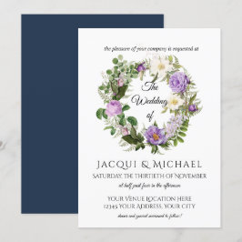 Navy in Lavender Ivory Rose w Fern Wreath Wedding Einladung