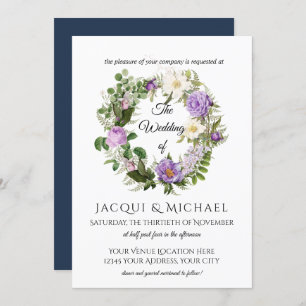 Navy in Lavender Ivory Rose w Fern Wreath Wedding Einladung