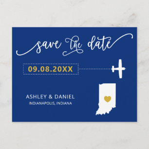 Navy Indiana Wedding Save the Date Map Postcard Postkarte