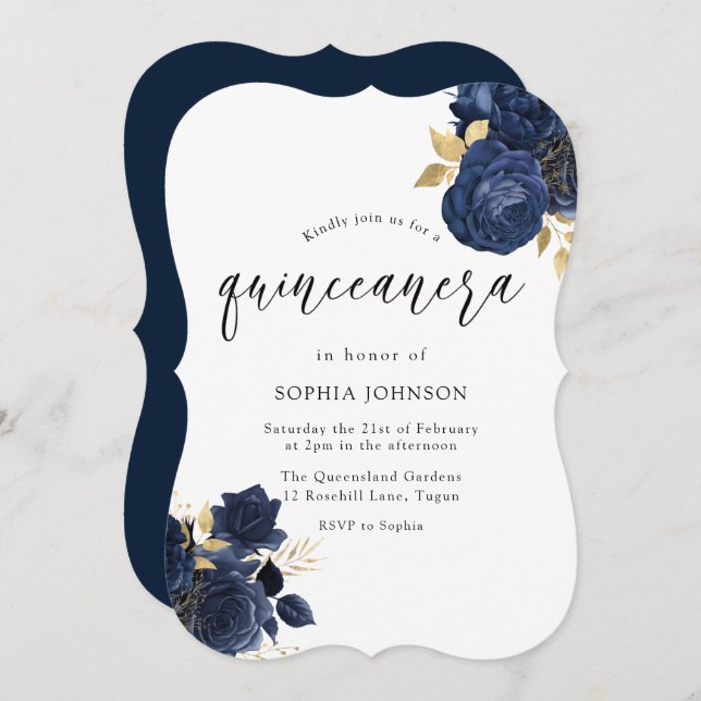 Navy Indigo Blue Floral Gold Leaf Quinceanera Einladung (Vorne/Hinten)