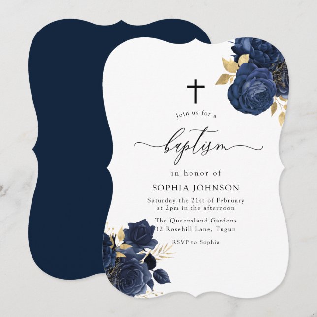 Navy Indigo Blue Floral Gold Leaf Taufe Einladung (Vorne/Hinten)