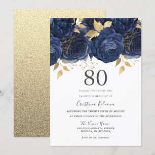 Navy Indigo Blue & Gold Floral 80. Geburtstagspart Einladung
