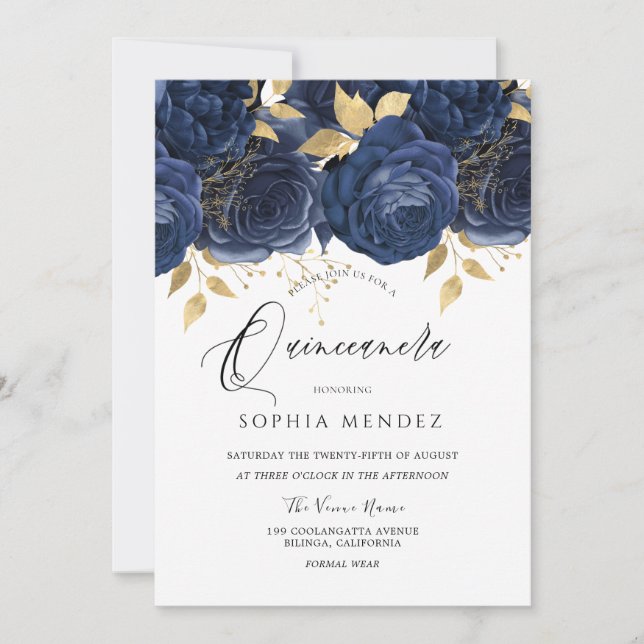 Navy Indigo Blue & Gold Floral Quinceanera Party Einladung (Vorderseite)
