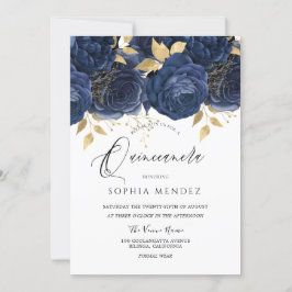 Navy Indigo Blue & Gold Floral Quinceanera Party Einladung