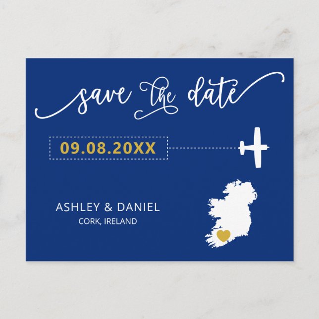 Navy Ireland Wedding Save the Date Map Postkarte (Vorderseite)