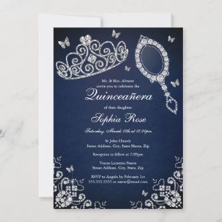 Navy Jewel Tiara Mirror Butterfly Quinceanera Einladung
