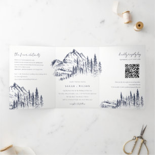 Navy-Kiefer-Wald-Berg-Skizze-Hochzeits-QR-Code Dreifach Gefaltete Ankündigung