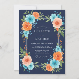 Navy-Korallen-Pfingstrosen-Hochzeit Einladung