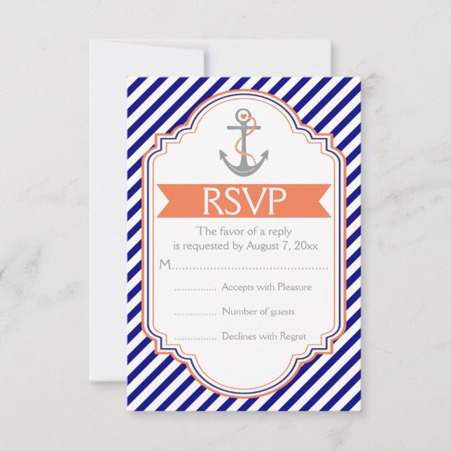 Navy, Korallenanker nautische Hochzeit RSVP Karte (Vorderseite)