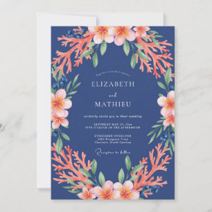 Navy-Korallenblüten-Bogen-Hochzeit Einladung