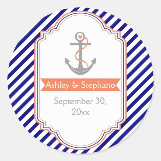 Navy, Korallenhochzeit Sichern Sie das Datum Runder Aufkleber (Vorderseite)