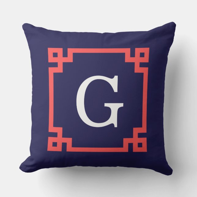 Navy, Korallenroter griechischer Schlüsselrahmen # Kissen Für Draußen (Vorderseite)