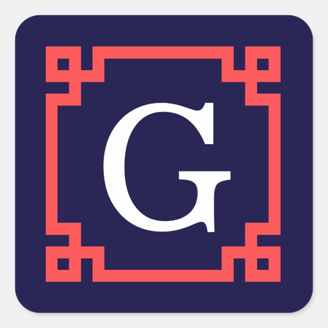 Navy, Korallenroter griechischer Schlüsselrahmen # Quadratischer Aufkleber (Vorderseite)