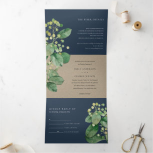 NAVY KRAFT BERRY LEAFY FOLIAGE GREENERY WEDY DREIFACH GEFALTETE EINLADUNG