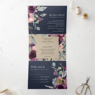 NAVY KRAFT LILA LILAC FLORAL WATERCOLOR WEDD DREIFACH GEFALTETE EINLADUNG