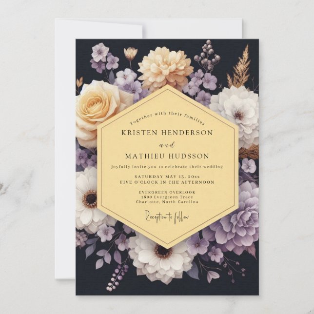 Navy Lavender Moody Bloom Wedding Einladung (Vorderseite)