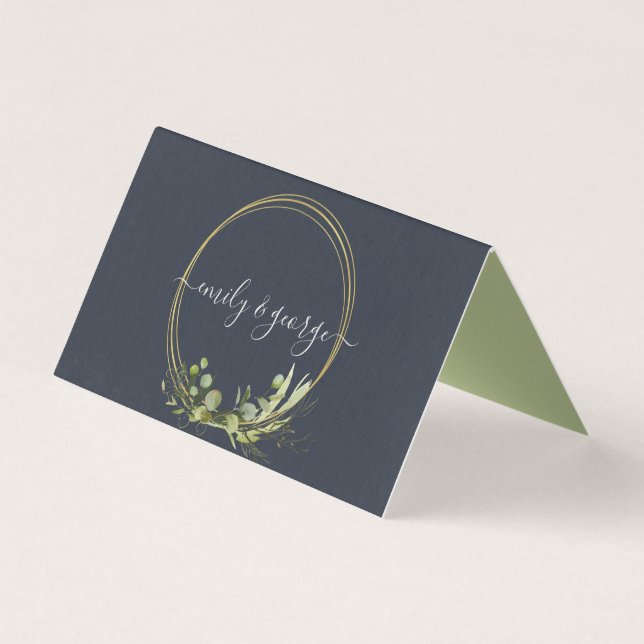 NAVY LEAFY GREEN GOLD FOLIAGE WEDING PLATZKARTE (Rückseite)