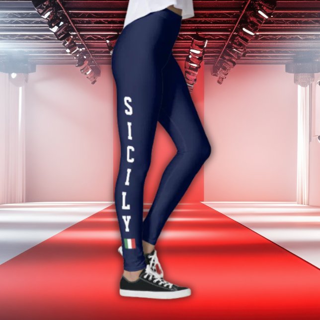 Navy-Leggings mit vertikaler Aufschrift Sicily und Leggings (Navy Leggings with white athletic SICILY and Italian Flag icon)