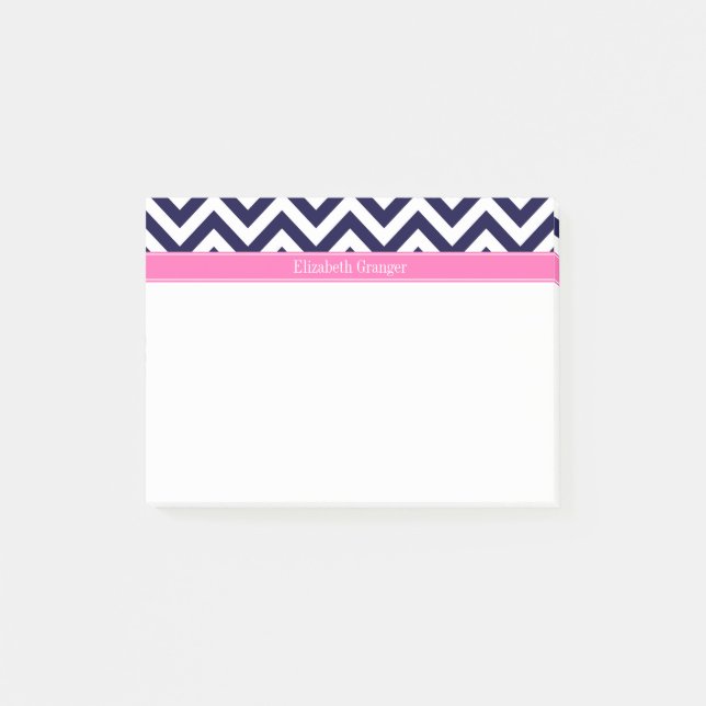 Navy LG Zickzack HotPink2 Quarzfolienname Monogram Post-it Klebezettel (Vorderseite)