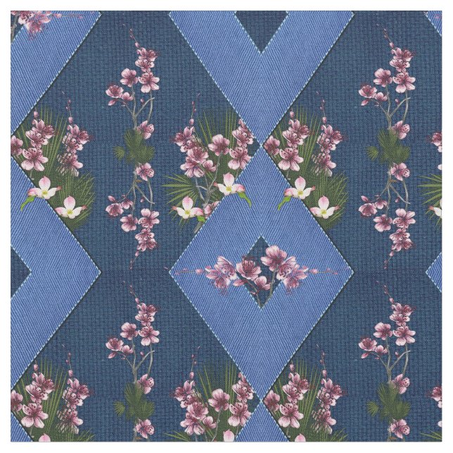 Navy & Light Blue Bänder mit rosa Blume Stoff (Nahaufnahme)