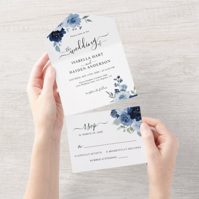 Navy Light Blue Dusty Blue Floral Wedding RSVP All In One Einladung (Abreißen)