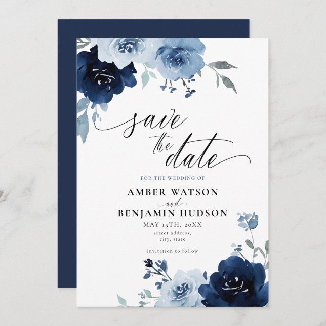Navy Light Blue Dusty Floral Elegant Save the Date Einladung (Vorne/Hinten)