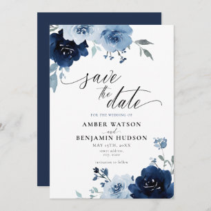 Navy Light Blue Dusty Floral Elegant Save the Date Einladung