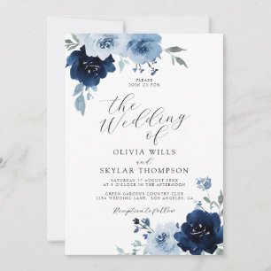 Navy Light Blue Elegant Script Floral Wedding Invi Einladung