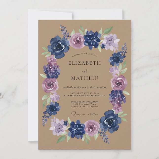 Navy-Lila-Blumen-Hochzeit Einladung (Vorderseite)