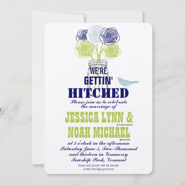 Navy, Limon Rustic Blue Romantische Rose Mason Jar Einladung (Vorderseite)