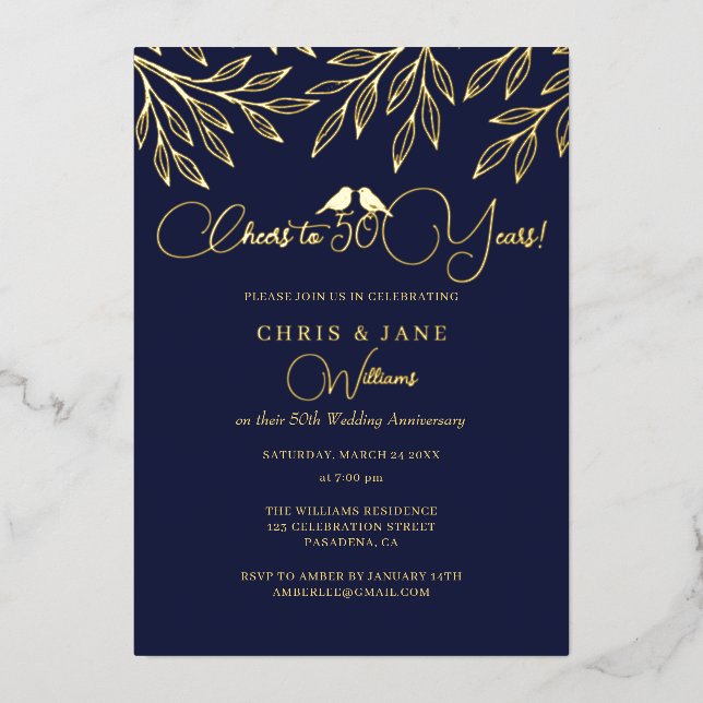 Navy Love Birds 50th Wedding Anniversary  Folieneinladung (Vorderseite)