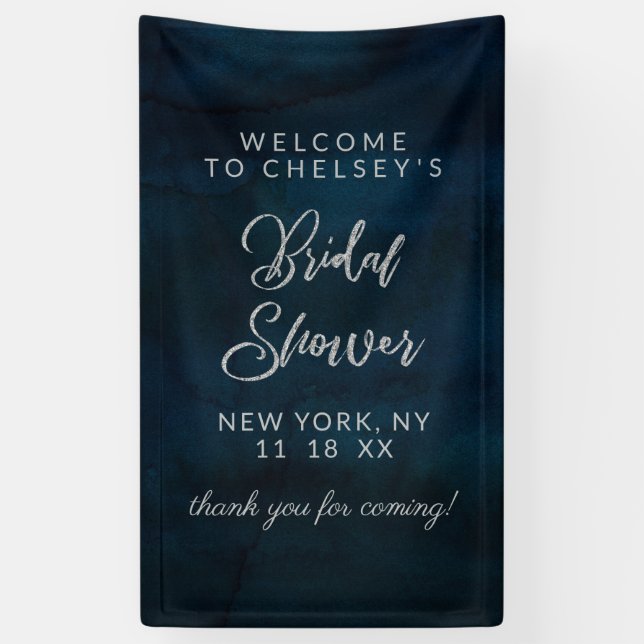 Navy Luster Dark Blue Silver Brautparty Willkommen Banner (Vertikal)