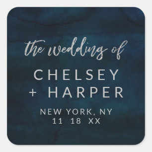 Navy Luster Dark Blue Silver Monogram Wedding Quadratischer Aufkleber