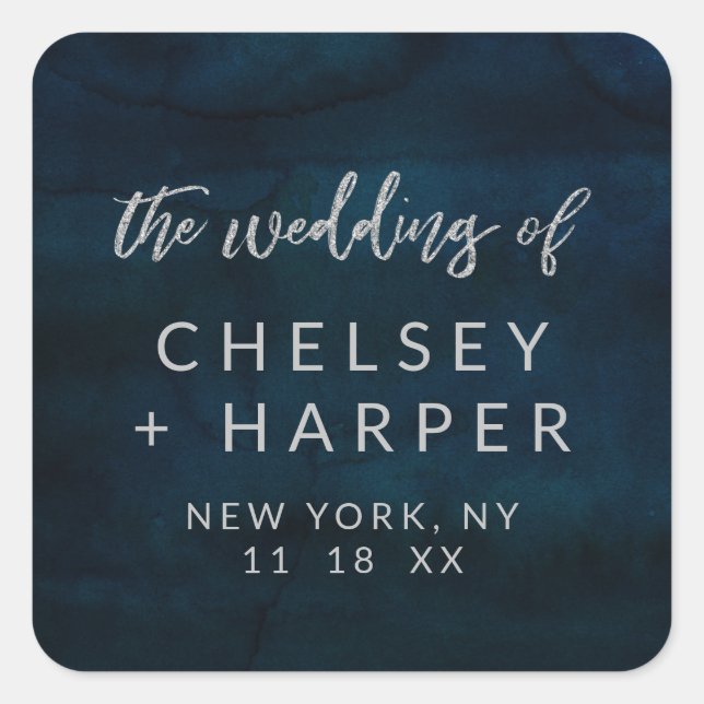 Navy Luster Dark Blue Silver Monogram Wedding Quadratischer Aufkleber (Vorderseite)