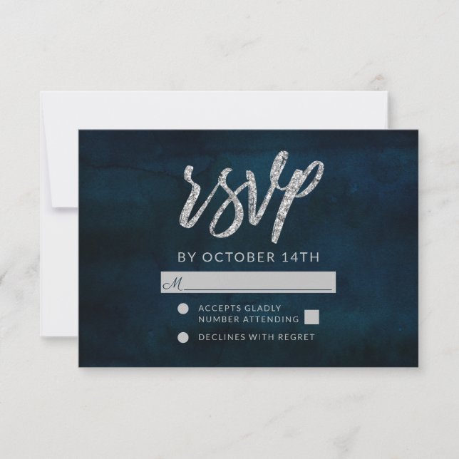 Navy Luster Dark Blue Silver Wedding RSVP Reaktion (Vorderseite)