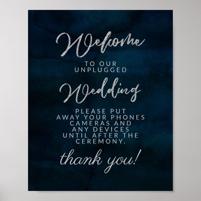 Navy Luster Dark Blue Unplugged Wedding Table Sign Poster (Vorne)