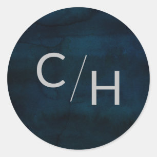 Navy Luster Dark Blue Watercolor Monogram Wedding Runder Aufkleber