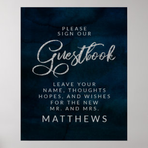 Navy Luster Silber Blau Monogramm Gästebuch Schild