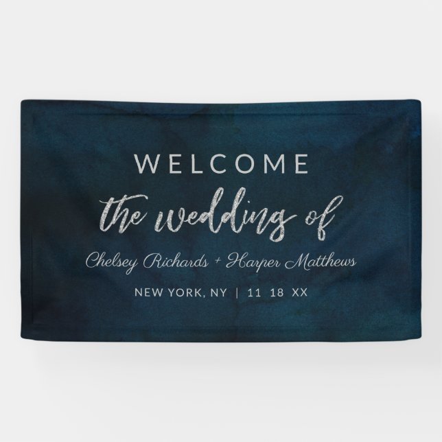 Navy Luster Silver Blue Watercolor Hochzeit Willko Banner (Horizontal)