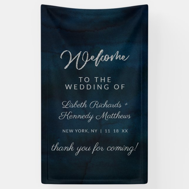 Navy Luster Silver Blue Watercolor Hochzeit Willko Banner (Vertikal)