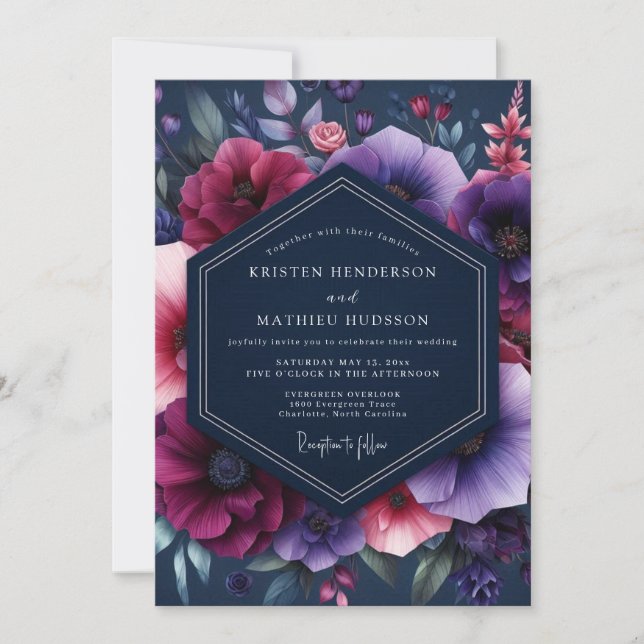 Navy Magenta Dramatic Bloom Wedding Einladung (Vorderseite)