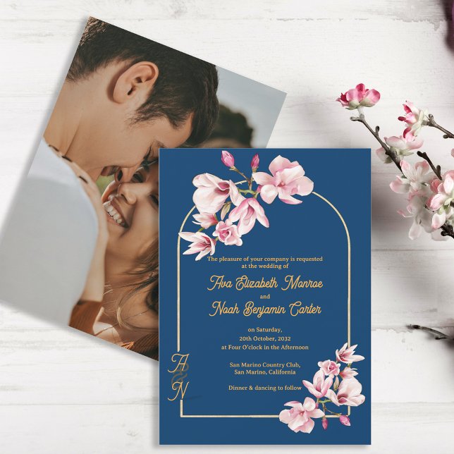 Navy Magnolia Floral Photo Wedding Invitation (Navy Magnolia Floral Photo Wedding Invitation)